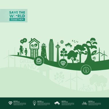 Yeşil ekoloji vektörü illüstrasyonuyla birlikte dünyayı kurtarın.
