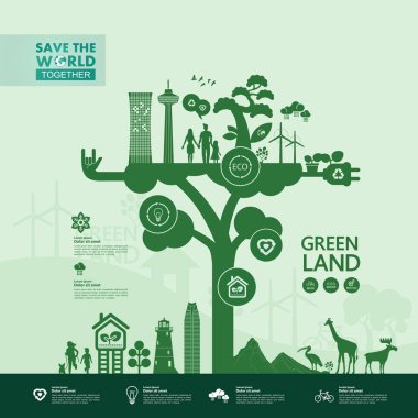 Yeşil ekoloji vektörü illüstrasyonuyla birlikte dünyayı kurtarın.