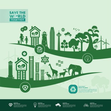 Yeşil ekoloji vektörü illüstrasyonuyla birlikte dünyayı kurtarın.