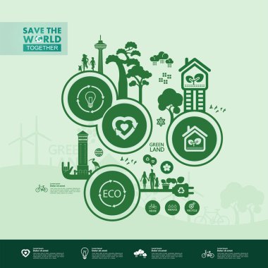 Yeşil ekoloji vektörü illüstrasyonuyla birlikte dünyayı kurtarın.