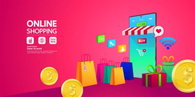 Web sitesinde Alışveriş Çevrimiçi veya Mobil Uygulama vektör çizimi.