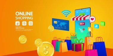 Web sitesinde Alışveriş Çevrimiçi veya Mobil Uygulama vektör çizimi.