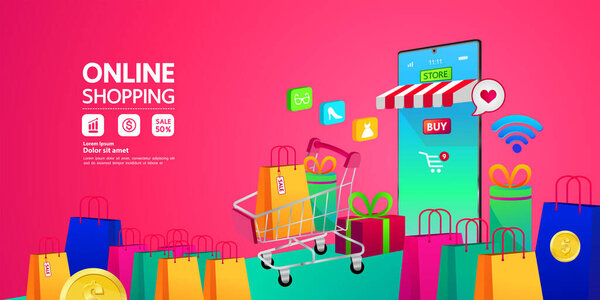 Shopping Online on Website or Mobile Application vector illustration.