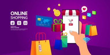 Web sitesinde Alışveriş Çevrimiçi veya Mobil Uygulama vektör çizimi.