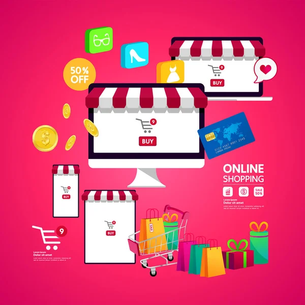 Compras Línea Sitio Web Aplicación Móvil Vector Ilustración — Archivo Imágenes Vectoriales