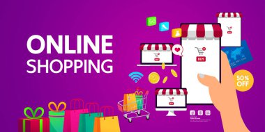 Web sitesinde Alışveriş Çevrimiçi veya Mobil Uygulama vektör çizimi.