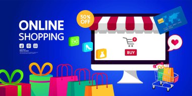 Web sitesinde Alışveriş Çevrimiçi veya Mobil Uygulama vektör çizimi.