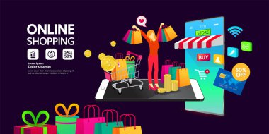 Web sitesinden Online Alışveriş veya Mobil Uygulama vektör çizimi.