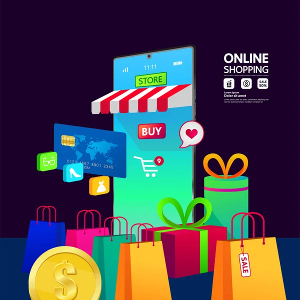 Compras Línea Sitio Web Aplicación Móvil Vector Ilustración — Vector de stock