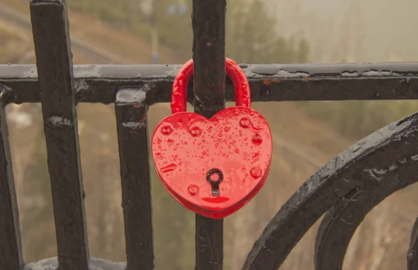 Corações simbólicos ligados a uma cadeia de metal para o casamento — Fotografia de Stock