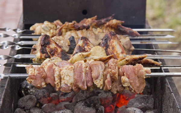 Vlees met schroefdraad op spiesjes geroosterd op houtskool — Stockfoto