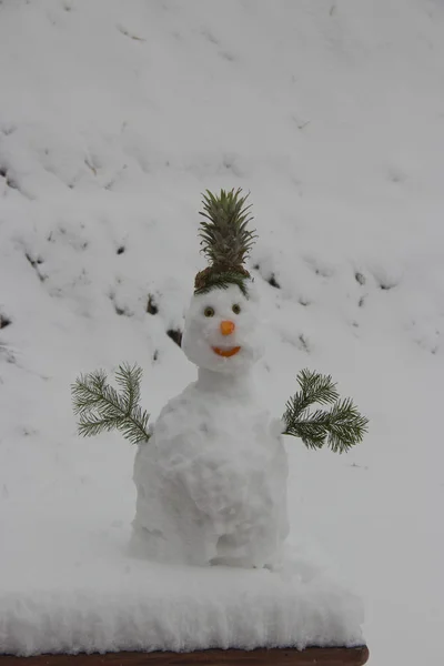 Plötzlich gab es starken Schneefall. ein lustiger Schneemann war aus Schnee. — Stockfoto