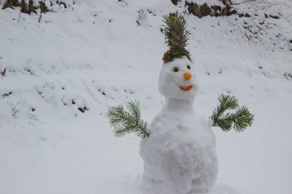 Plötzlich gab es starken Schneefall. ein lustiger Schneemann war aus Schnee. — Stockfoto