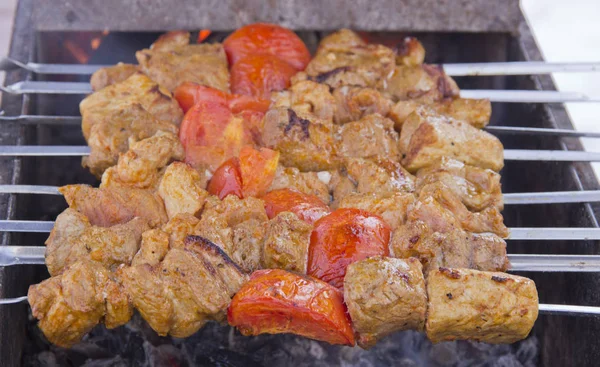 Vlees op spiesjes gebakken op de grill — Stockfoto