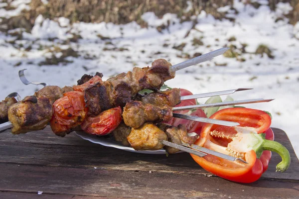 Carne en pinchos fritos en la parrilla — Foto de Stock