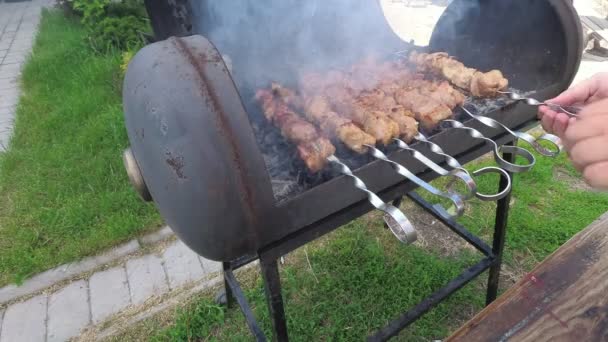 Grillning shashlik på en barbeque grill utomhus — Stockvideo