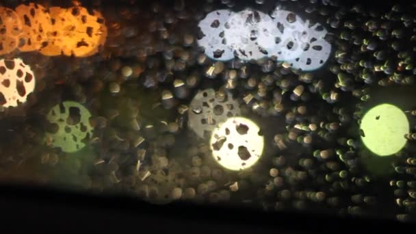 Gotas Lluvia Vidrio Luz Las Luces Nocturnas — Vídeo de stock