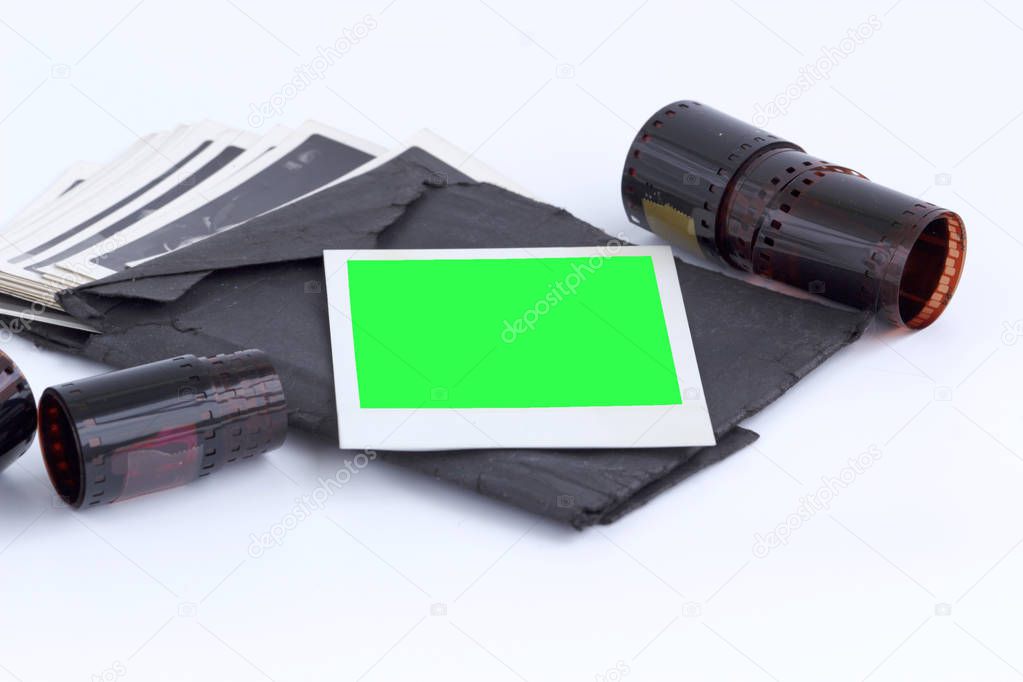 photo, still image with blank screen isolated on green background. 