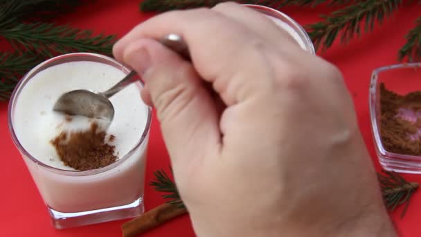 伝統的なクリスマスはすりおろしたナツメグとシナモンと卵を飲む 赤を基調にクリスマスの装飾が施された2つのグラスに入ったエグノグカクテル カクテルはグラスに注がれ — ストック動画