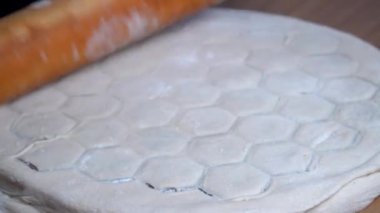 Hamur köftelerini elle yap. Ev yapımı mantı ya da etli ravioli. Kadın elleri hamur köftelerini yontuyor. Geleneksel Rus pelmeni. Mutfak konsepti. 