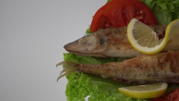 Osmerus Eperlanus Gebratener Fisch Mit Salat Zitrone Und Tomaten — Stockvideo
