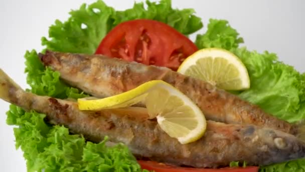 Osmerus Eperlanus Gebratener Fisch Mit Salat Zitrone Und Tomaten — Stockvideo