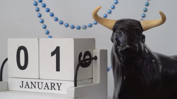 Toro Calendario Cubo Madera Hecho Mano Con Fecha Mes Día — Vídeos de Stock