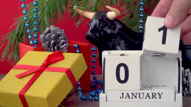 Calendrier Avec Date Janvier Une Figurine Taureau Cube Bois Fait — Video