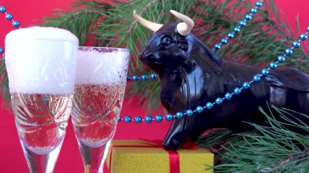 Vinho Espumante Copos Cristal Celebração Das Férias Natal Ano Novo — Vídeo de Stock