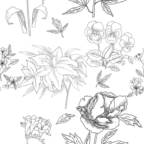 Sømløse mønstre med blomster og skisser. Håndtrukket botanisk el – stockvektor