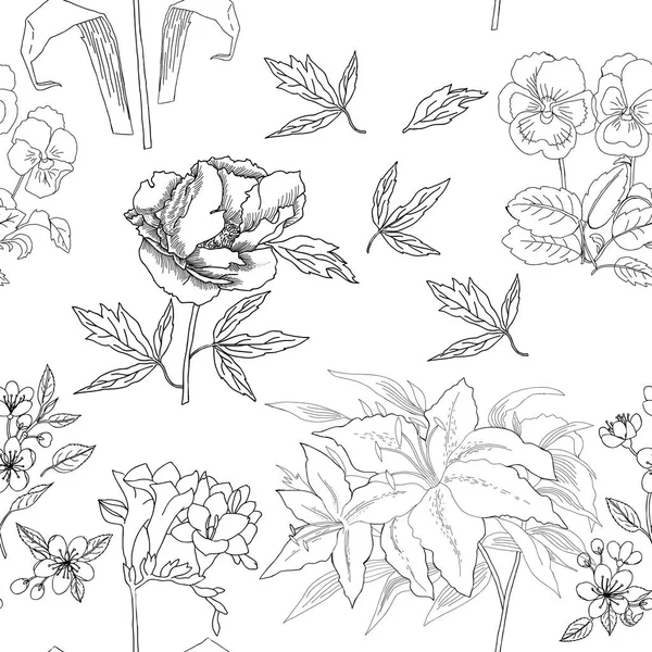 Patrón sin costura con bocetos de flores. Botánico dibujado a mano el — Archivo Imágenes Vectoriales