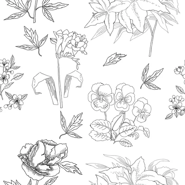 Seamless Pattern with Flowers Sketches. Hand drawn botanical el — Stock Vector