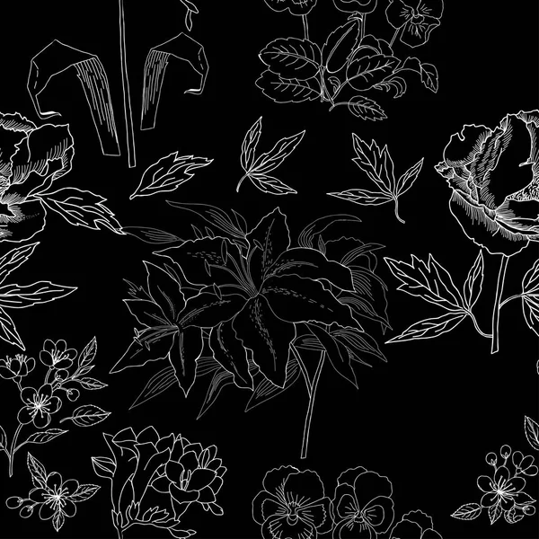 Απρόσκοπτη μοτίβο με λουλούδια σκίτσα. Χέρι συρμένο βοτανικό el — Διανυσματικό Αρχείο
