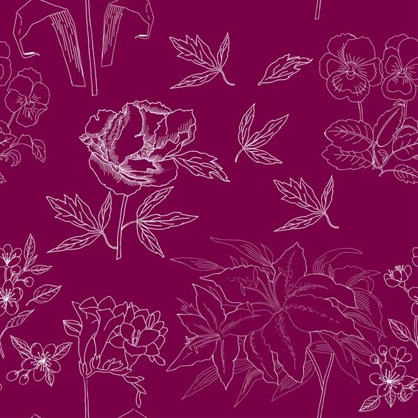 Nahtloses Muster mit Blumenskizzen. handgezeichnete botanische el — Stockvektor