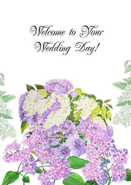 My Lilac Spring Garden Card. Watercolor Illustrations — Stock Photo, Image