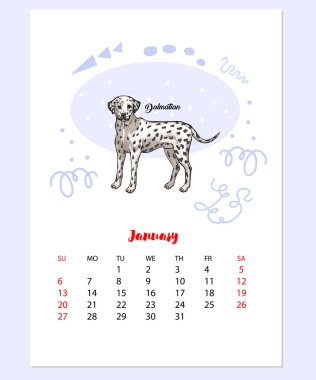Ocak takvim 2019 komik Dalmaçyalı kroki ile. Elle çizilmiş hayvan illüstrasyon vektör