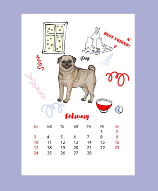 Şubat 2019 komik Pug kroki ile takvim. Elle çizilmiş hayvan illüstrasyon vektör