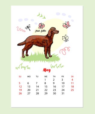 Takvim 2019 komik İrlandalı kanepe köpek ile kroki. Elle çizilmiş hayvan illüstrasyon vektör