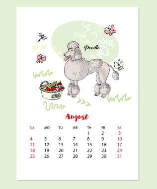 Komik kaniş köpek kroki ile Ağustos takvim 2019. Elle çizilmiş hayvan illüstrasyon vektör