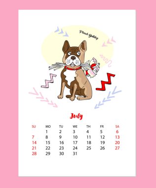 Temmuz 2019 komik Fransız buldozer kroki ile takvim. Elle çizilmiş hayvan illüstrasyon vektör