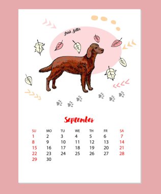 Eylül 2019 komik İrlandalı Setter kroki ile takvim. Elle çizilmiş hayvan illüstrasyon vektör