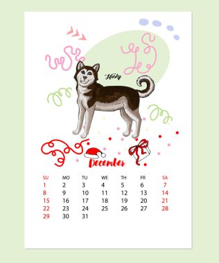 Kasım 2019 komik çoban köpeği köpek kroki ile takvim. Elle çizilmiş hayvan illüstrasyon vektör