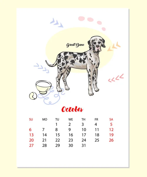 Calendário de outubro 2019 com Grande Esboço Dinâmico Engraçado. Animais desenhados à mão ilustração vetorial — Vetor de Stock