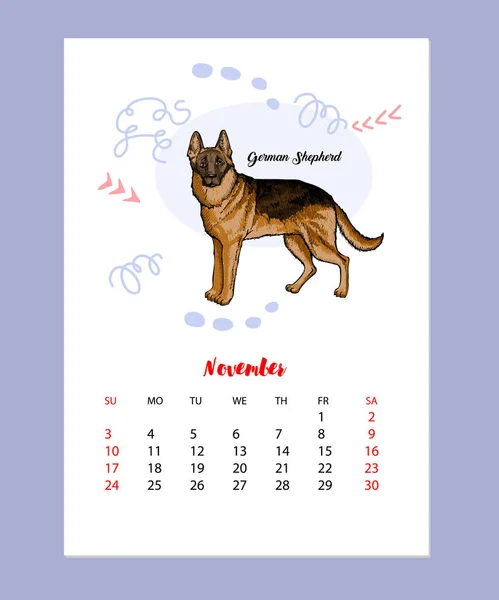 November Calendar 2019 with Funny Sheep-dog Dog Sketch. Hand drawn animals vector illustration — Stock Vector