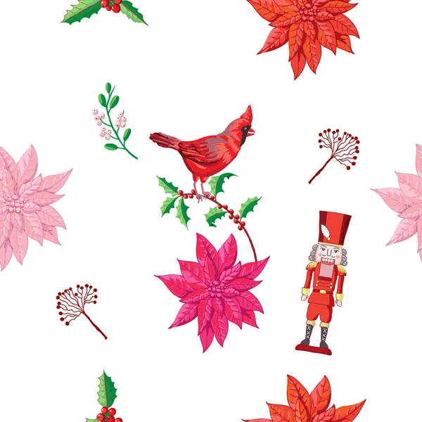 Decoración de Navidad del patrón sin costura con el pájaro, Poinsettia y — Archivo Imágenes Vectoriales