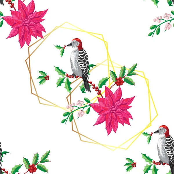 Decorațiuni de Crăciun fără sudură cu pasăre și Poinsettia — Vector de stoc