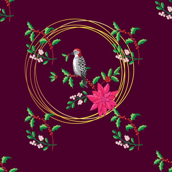 Motif sans couture Décoration de Noël avec oiseau et Poinsettia — Image vectorielle