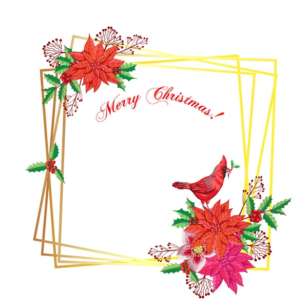 Christmas decoration with Bird and Poinsettia Flowers — Stock Vector