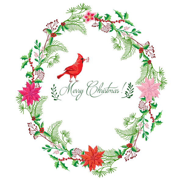 Рождественская открытка с венком, птицей и пойнсеттией
