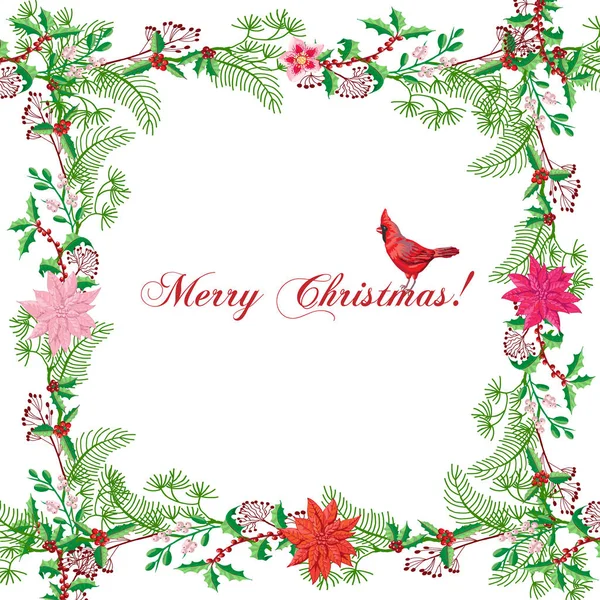 Décoration carte de Noël avec Oiseau et Poinsettia — Image vectorielle